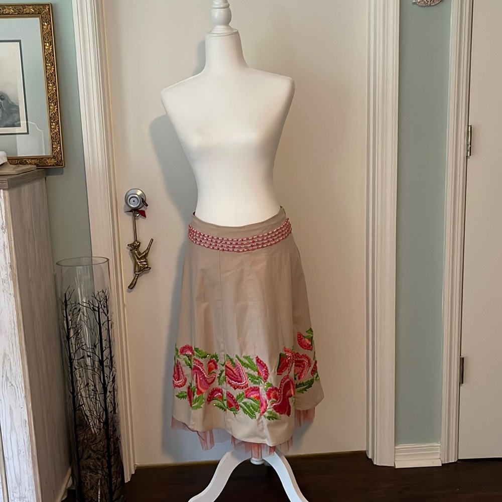 Anthropologie Basil & Maude Embroidered and Embellished A-line skirt. Size 2